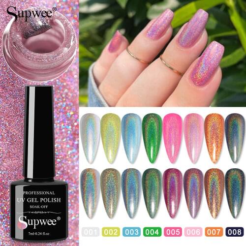 SUPWEE 7ml Holographic Gel Nail Polish Super Laser Nail Varnish Glitter Color UV Gel Nail Art Varnish Polish for Manicure Design