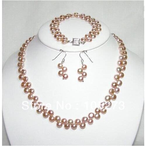 Wholesale Pearl Jewellery Set Cultured Freshwater Pearl Necklace Bracelet Silvers Earrings Purple Color 7-8mm New Free Shipping