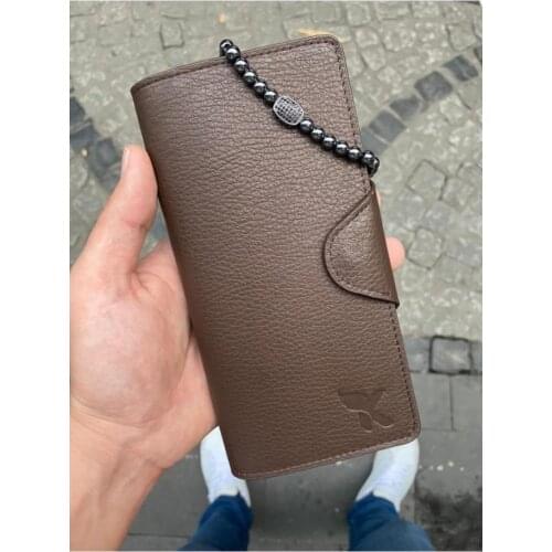 Karali Leather Phone Compartment Brown Genuine Leather Wallet-zircon Bracelet Gift
