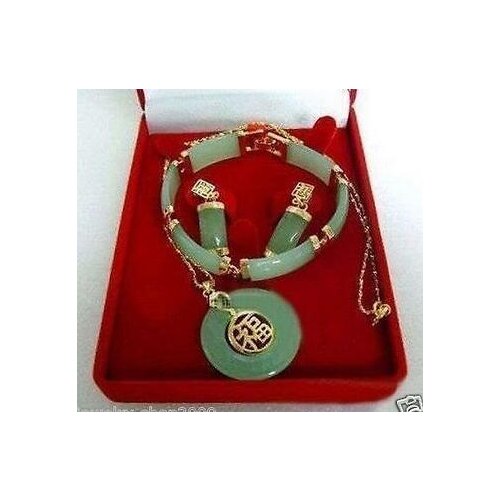 Hot sell Natural green jade stone Lucky pendant necklace earrings bracelet jewelry set