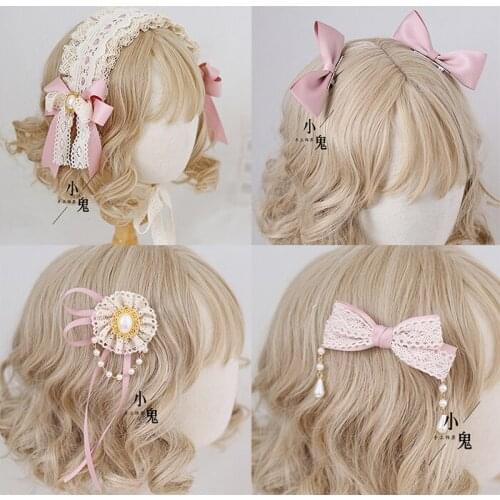 Lolita Lace Bowknot Hair band Side Clip Sweet Headdress Kawaii KC Hair hoop Cute Pink Hair Clip Handmade Hair Ornaments Cosplay
