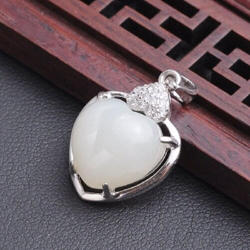 New Natural Hetian Jade Pendant Simple 925 Sterling Silver Inlaid White Jade Heart Pendant Jewelry