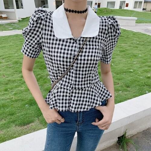QOERLIN Chic Large Size Black White Plaid Shirt Female Doll Collar Single Breasted Short Check Cardigan Top Ruffles Blouse S-5XL