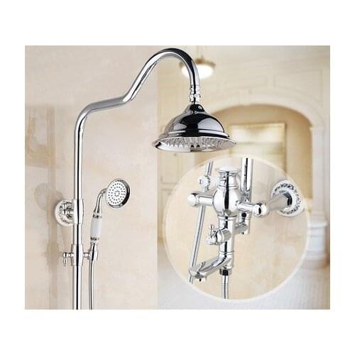 Luxury Bath Waterfall Shower Faucet Silver Shower Sets Chrome Sprinkle Retro Suit Carved Hand Shower Head Bathtub Mixer