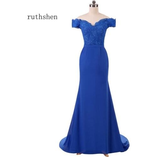 Ruthshen Fashion A line V Neck Evening Gowns Cheap Long Off the Shoulder Appliques Prom Dresses Formal Vestido De Festa 2020