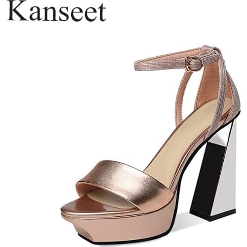 Kanseet Sandals For Women 2021 Summer Ankle Strap Gold Silver Genuine Leather Sexy Party Prom High Heels Platform Female Shoes