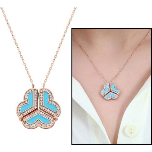 Tesbihane Zircon Cubic Zirconia Blue Cabochons Two-Use Three Heart 925 Sterling Silver Ladies Necklaces