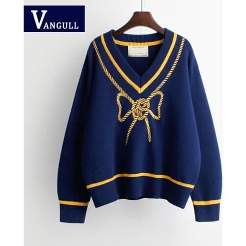 Vangull New Autumn Winter Vintage V-neck women Sweater Loose Long Sleeve Knit Pullovers Lazy Style Top Bottoming Shirt