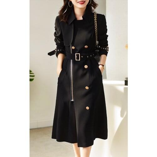 Light Mature Windbreaker Womens Middle Long British Style Double Breasted Lace Up Coat