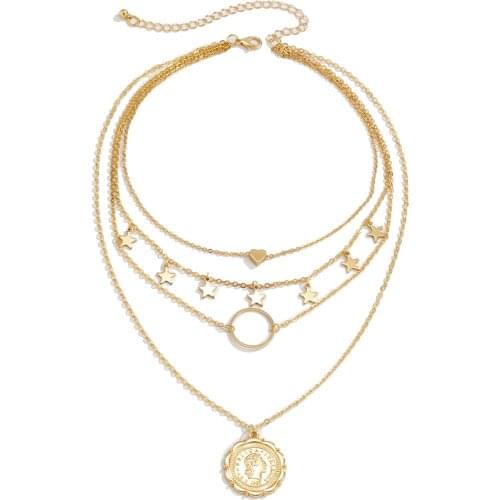 Vintage Multilayer Portrait Pendant Necklace Women Female Gold Color Round Heart Star Punk Choker Necklaces Jewelry New Arrivals