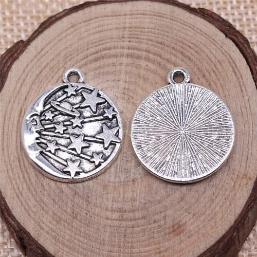 WYSIWYG 5pcs 19x19mm Antique Silver Color Round Moon Stars Charms Pendant For Jewelry Making DIY Jewelry Findings
