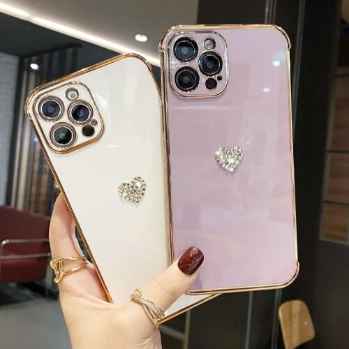 Plating Camera Protection Soft Phone Case For iPhone 11 12 Pro Max X XS XR 7 8 Plus 3D Love Heart Bling Diamond Glitter Cover