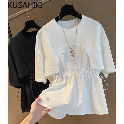 KUSAHIKI Causal Patchwork Woman Tshirts Korean Drawstring Slim Waist Elegant Graphic Tee 2021 New Elegant T Shirt Femme 6G211