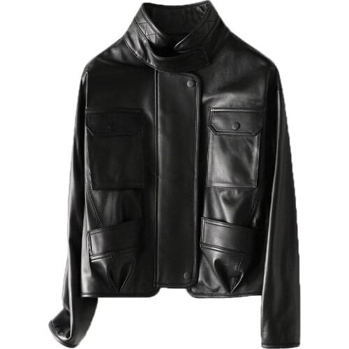 Spring 2021 New Real Leather Coat with Pockets Womens Stand Collar Black High Quality Sheepskin Jacket Loose Medium Length