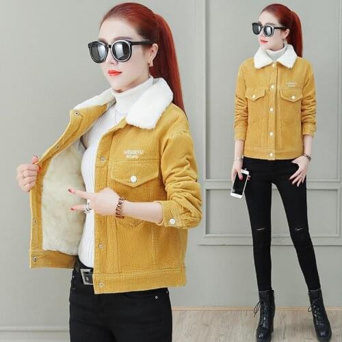 Women Winter Jacket Casual Corduroy Thick Short Parkas Coats Fashion Faux Fur Lining Button Bomber Jackets Cute Outwear 2021 New