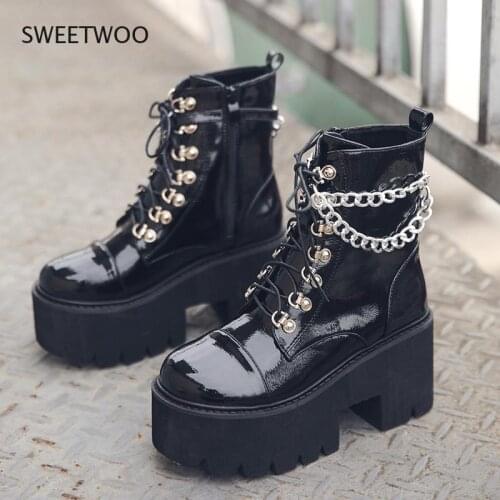 2021 Women Gothic Ankle Boots Zip Punk Style Platform Shoes Goth Winter Lace-Up Booties Chunky Heel Sexy Chain Midcalf Boots