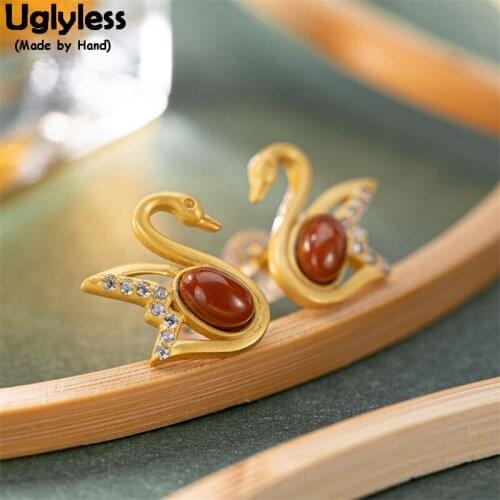 Uglyless Swans Earrings for Women Curved Heart-shape LOVE Animals Studs Earrings 925 Silver Brincos Natural Jade Agate Jewelry