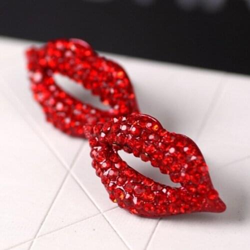 Statement Earrings For Women Shinning Rhinestone Heart Red Lip Drop Dangle Earrings Trendy Jewelry Party Fine Gift