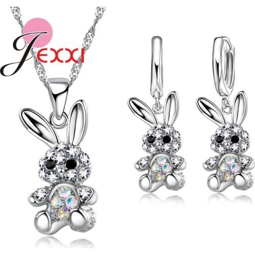 Full Austrian Crystal CZ Rabbit Pendant 925 Sterling Silver Jewelry Sets Women Shiny Cute Necklace & Earrings