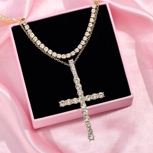 Flatfoosie Bling Crystal Cross Pendant Necklace For Women Multi-layer Silver Color Rhinestone Tennis Chain Necklace New Jewelry