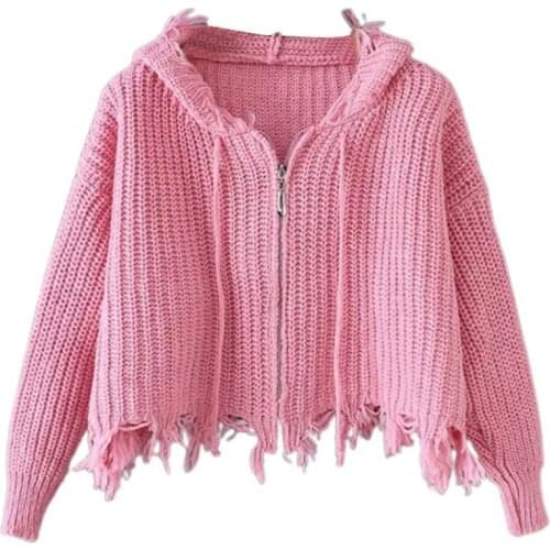 Women Coat Hooded Tassel Knit Cardigan Good Workmanship Sexy Long Sleeve Zip Sweater Jacket Autumn Winter Coat