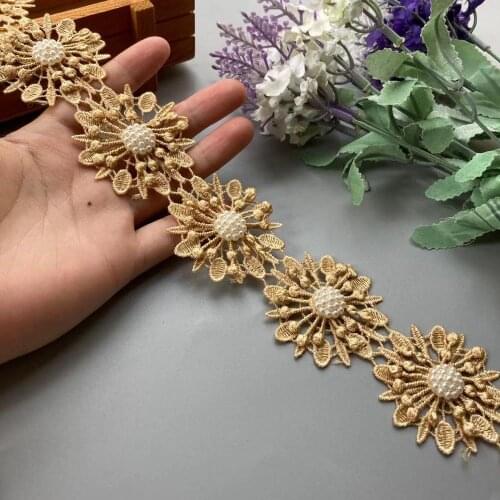 1 yard Gold Pearl Beaded Embroidered Flower Lace Ribbon Trim Floral Applique Patches Fabric Sewing Craft Vintage Wedding Dress