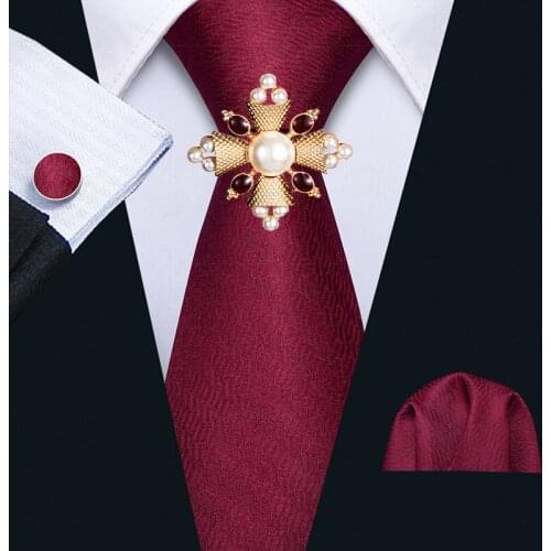 2020 Mens Wedding Tie Red Wine Solid Silk Tie Hanky Brooch Set Barry.Wang Jacquard Party Woven Fashion Designer Necktie For Men