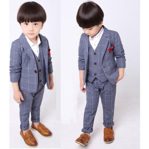 2020 Grey Plaid Boy Suit 3 Pieces Slim Fit Children Prom Wedding Suits Blazer Kid Tuxedo Formal Dress Suits (Jacket+Pants+Vest)