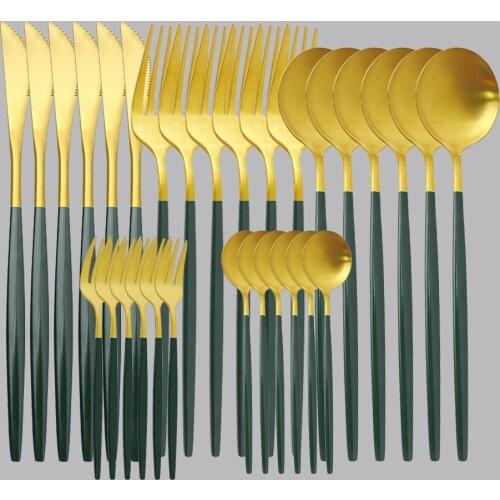 30Pcs Green Gold Stainless Steel Dinnerware Sets Kitchen Matte Colorful Tableware Knifes Forks Spoons Steel Cutlery Table Sets