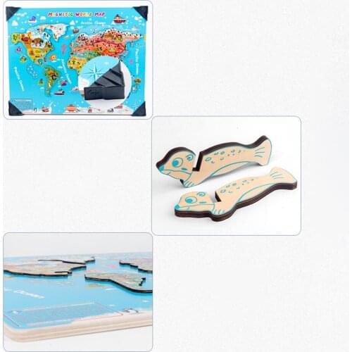 Wood World Map Puzzles Development Learning Geography Block Motor Skills Toy