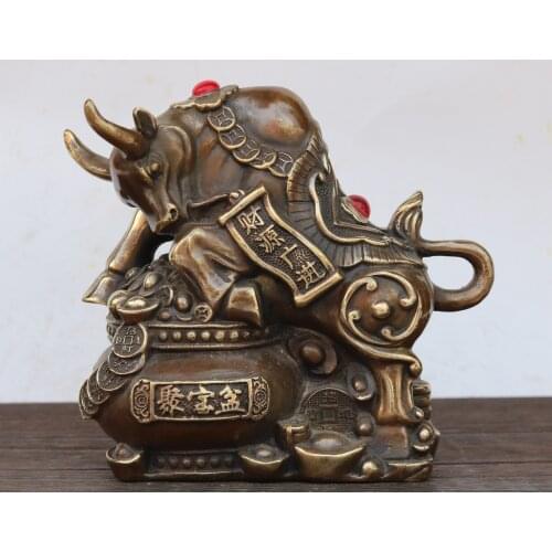 Home Decor 6" Tibet Buddhism Old Bronze mosaic Gem Zodiac Bull Statue Bull market Bullish treasure bowl Town House Exorcism