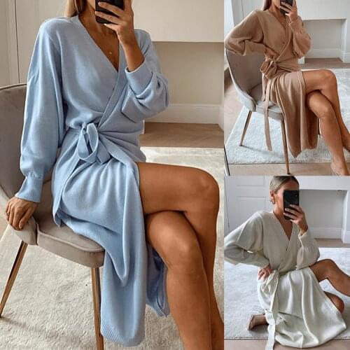 Elegant dresses Women Autumn Winter Solid Color Long Sleeve Knitted Wrap Belt Dress Maxi Robe Long Dress Vestido Femme Vestidos