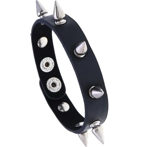 Gothic Unisex Punk Black Bracelet Spike Rivet Cone Black Leather Cuff Large Size Wristband