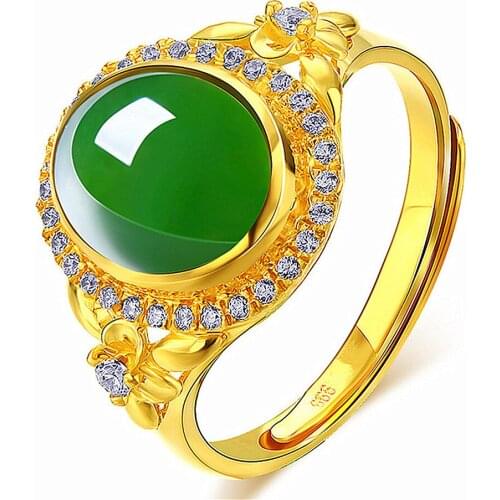 Flower Green Jade Emerald Gemstones Diamonds Rings for Women 18k Gold Color Vintage Fashion Jewellery Bague Bijoux Birthday Gift