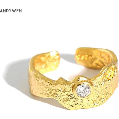 ANDYWEN 925 Sterling Silver Gold Clear Zorcon Charm Large Resizable Rings Wedding Adjustable Women Fashion Fine Jewelry