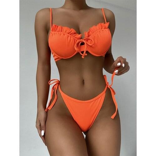 MYTENG Sexy Ruffled Frilled Strappy Bikini Set Summer Sexy Underwire Push Up Bra Swimwear Women New Ribbed Swimsuit Beachwear