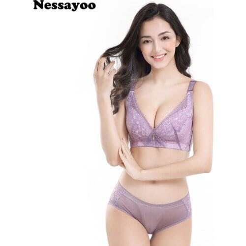 Women Sexy UnderWire Vest Shape Bra and Panties Set Push Up Lace Bra Set Back 5 Hooks Wide Bra and Transparent Underwear Set