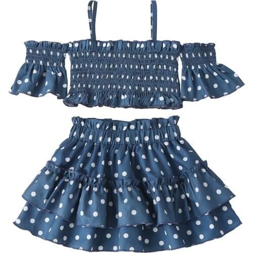 2 Pcs Toddler Summer Outfits Baby Girls Cold-shoulder Smocked Dot Print Crop Tops + Tiered Skirt
