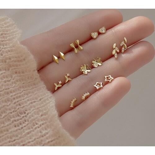 Tiny Copper Heart Letter Leaf Zircon Studs Earrings For Women Girls Geometric Rhombus Five-pointed Star Bowknot Small Ear Studs