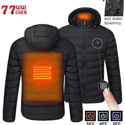Mens Winter Warm USB Heating Jackets Smart Thermostat Solid Color Hooded Heated Clothing Waterproof Outdoor Warm Jackets Male