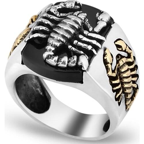 Solid 925 Sterling Silver Scorpion Figure Onyx Stone Mens Ring
