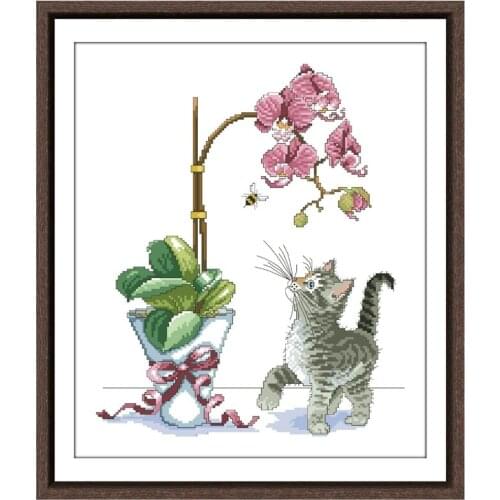 Orchid kitten cross stitch kit cat flower 18ct 14ct 11ct unprint canvas cotton thread counted needlework thread embroidery