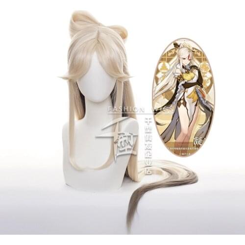 NingGuang Wig for Cosplay Anime Genshin Impact Wig Golden Bow Long Straight Hairpin Halloween Party Wig
