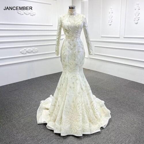 RSM67156 Luxury Elegant Turtleneck Long Sleeve Banquet Womens Wedding Dress 2021 Slim Fishtail Back Lace-Up Design Skirt