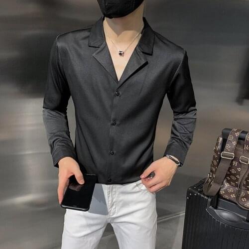 Solid Color V-neck Shirt for Mens 2021 Autumn Long Sleeve Slim Fit Casual Shirt Streetwear Social Party Clothing Chemise Homme
