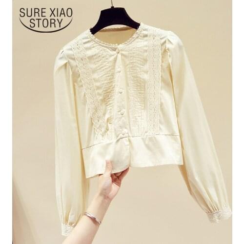 Spring New White Lace Blouse Office Lady Autumn Floral Lace Up Fashion Shirt Tops O-Neck Long Sleeve Women Blouse Blusas 13123