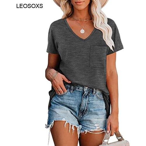 Vetement Femme 2021 Summer New Fashion V-neck Pocket Solid Color Loose Large Size Short-sleeved T-shirt Women