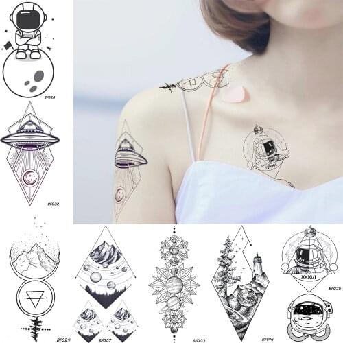 Black Body Art Spaceman UFO Temporary Tattoo Stickers Planets Mountain Forest Lighthouse Rhomboid Tatoos Disposable Fake Tattoo