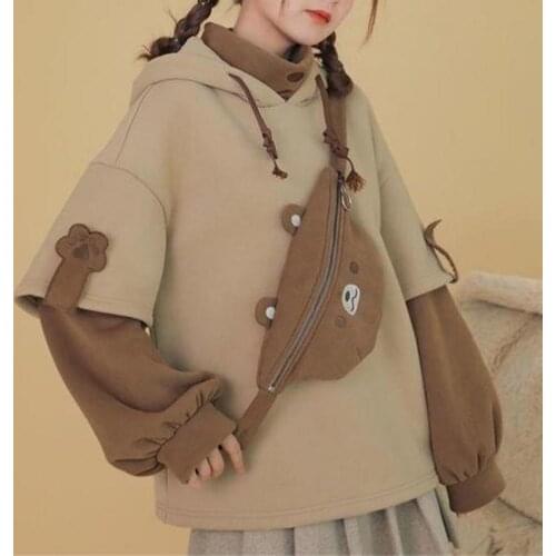 Cute Women Hoodie 2021 Winter Loose Hoodies Sweatshirts Streetwear Two-piece Sleeves With Bear Bag Oversized Harajuku Outwear