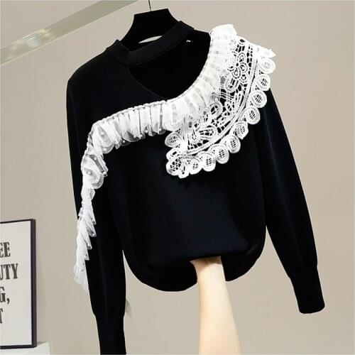 Sexy Hollow Sweater for Women Beads Sweet Lace Stitching Pleated Lace Ruffles Pullover Knitwear Lady Chic Top White Black